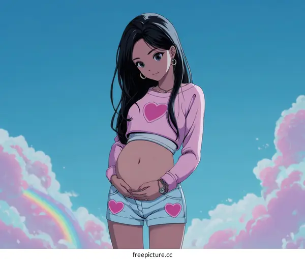 Anime Pregnant Girl in Pink Outfit Against a Blue Sky