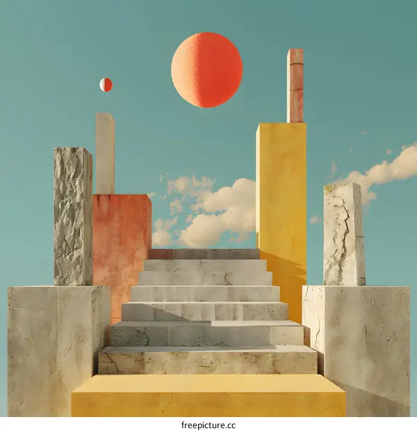 Surreal concrete podium with stairs and abstract elements against the sky