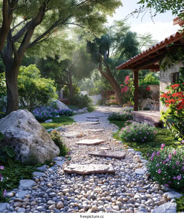 Lush Garden Path with Pebble Stones