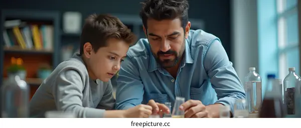 Father and Son Doing Science Experiment Together at Home