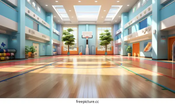 Empty Basketball Court with Large Windows and Wooden Floor