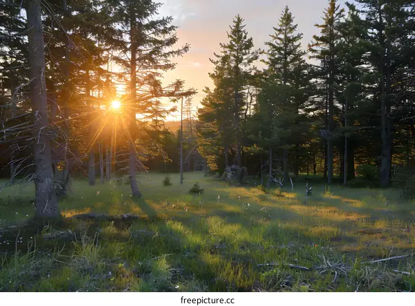 The sun shines through the forest