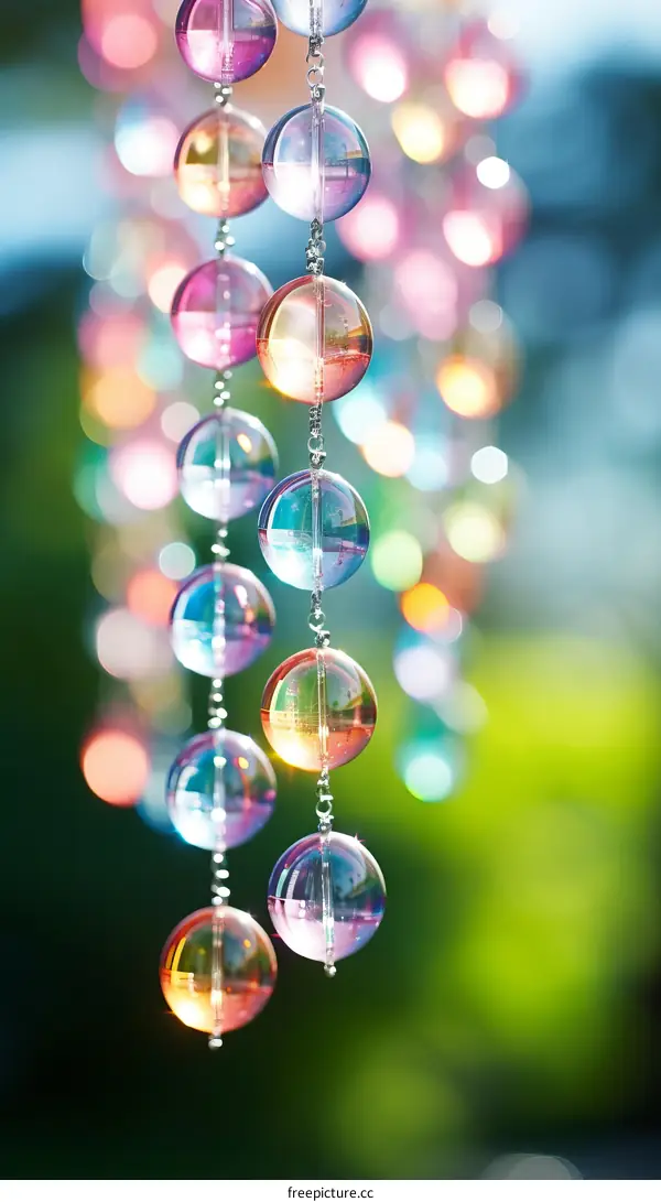 colorful glass beads hanging in front of blurred green background