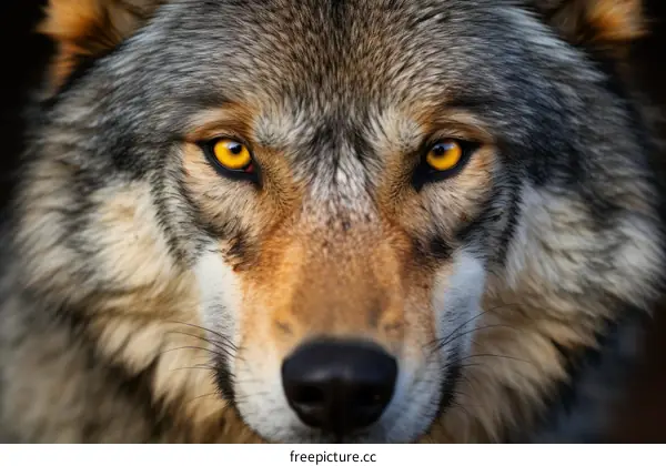 A close up of a wolf's face