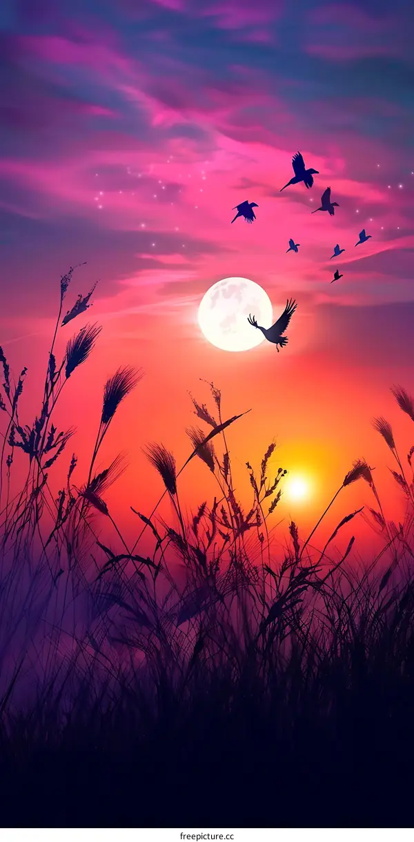 Silhouettes of Birds Flying at Sunset with a Full Moon