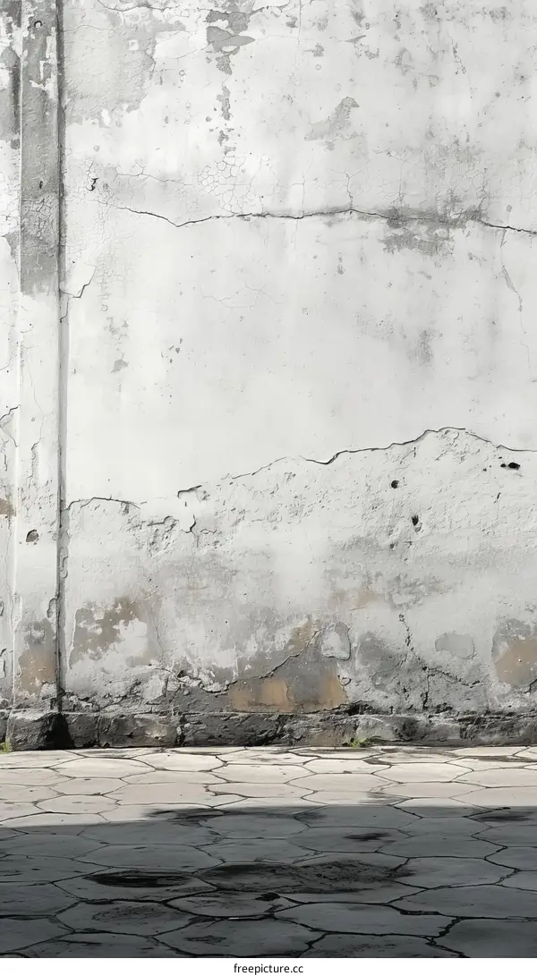 old weathered white concrete wall with cracks and peeling paint