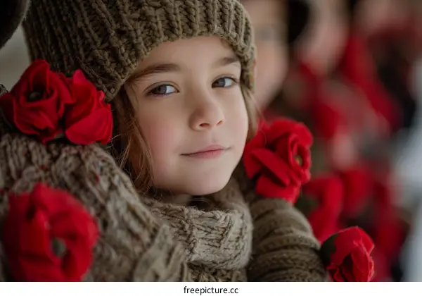 Girl with red knitted hat and red roses