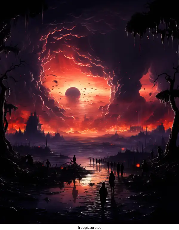 Post-Apocalypse Survivors Walk in a Ruined City