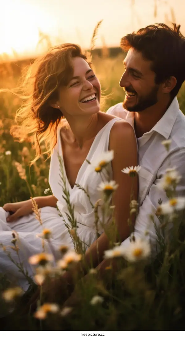 Laughing couple sitting in a field of daisies