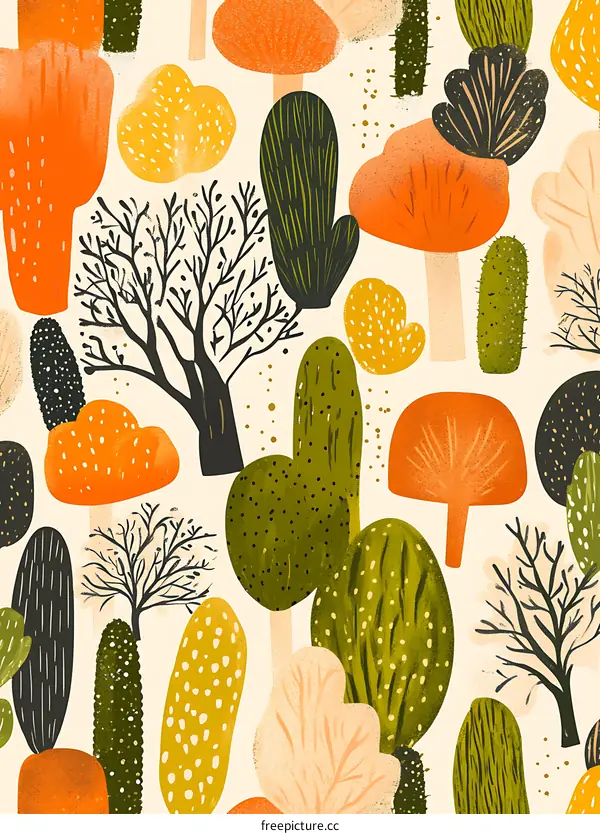 Abstract Forest Illustration with Trees and Mushrooms