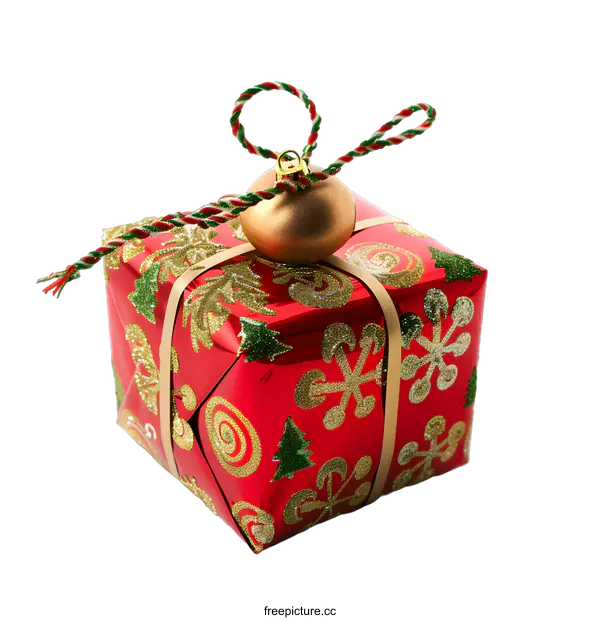 [Transparent Background PNG]Red Christmas Gift Box with Gold Ornament