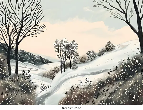 Winter Landscape Illustration With Bare Trees And Snow