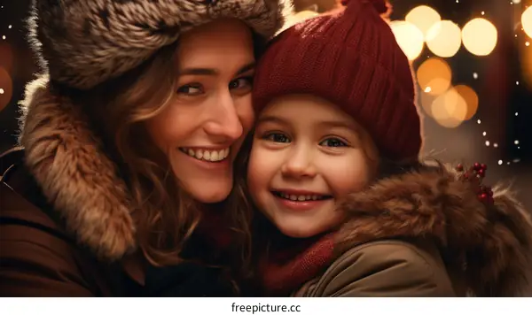 A mother and her daughter are smiling and wearing winter clothes.
