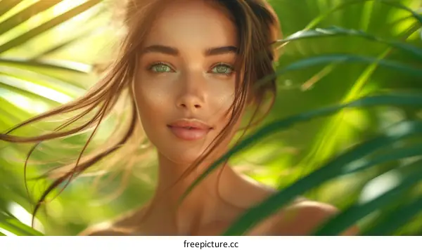 portrait of a beautiful woman with green eyes and brown hair standing in front of a palm tree