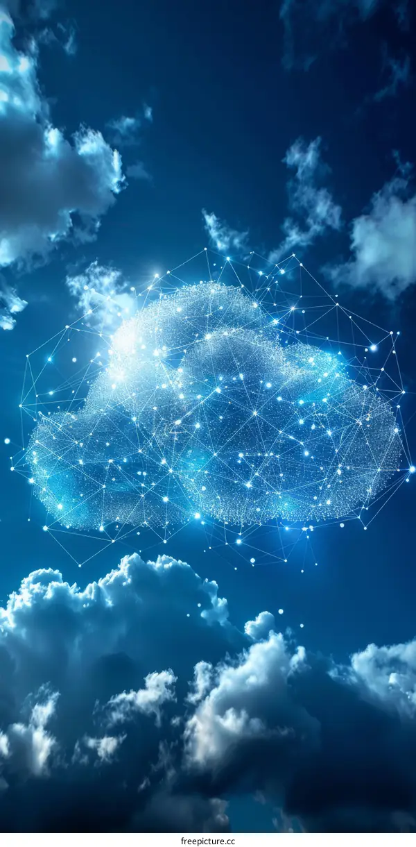 Blue sky with white clouds and a glowing network cloud