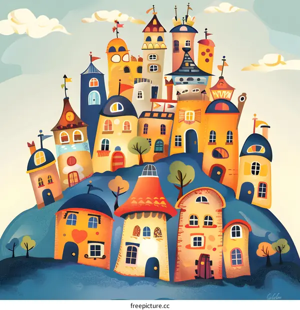 Colorful Cartoon Illustration of a Fantasy Town