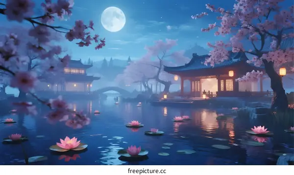 A serene Chinese garden at night with full moon and cherry blossoms