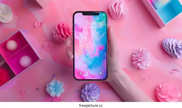 Phone with Pink Abstract Background and Flowers