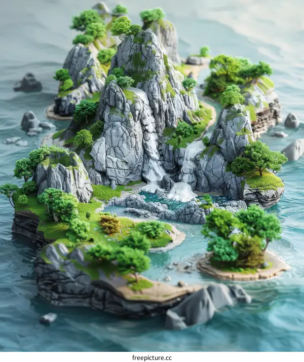 Surreal Floating Island with Vibrant Green Trees and Shimmering Azure Waters