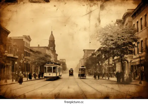 Nostalgic City Street with Trams and Pedestrians