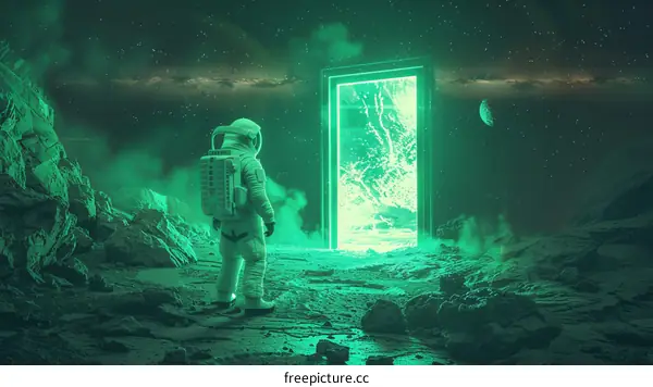 Astronaut in front of a portal on an alien moon