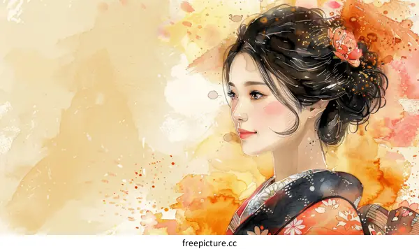 An illustration of a beautiful Asian woman in a kimono with a floral pattern