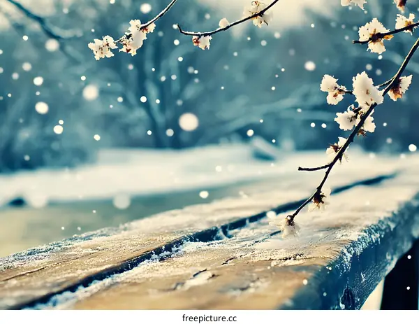 Winter Snow on Branch and Wooden Bench