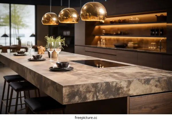 Modern Kitchen Island with Dark Marble and Wood Accents