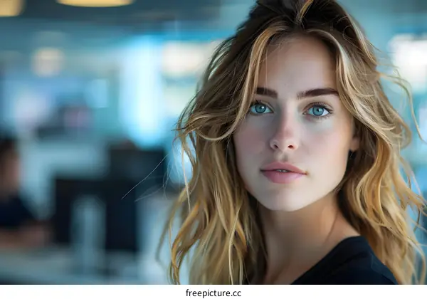 portrait of a beautiful young woman with blonde hair and blue eyes