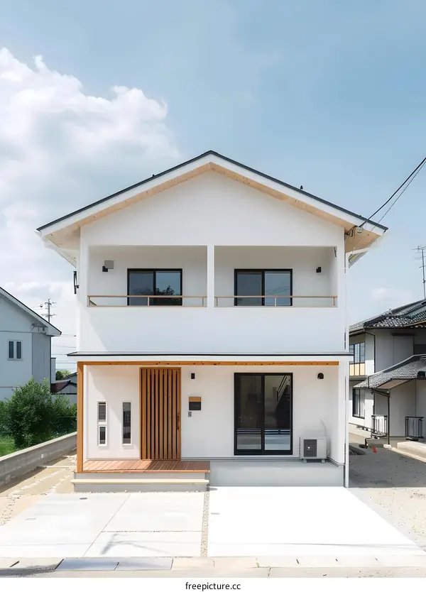 Modern Two Story White House with Wooden Details