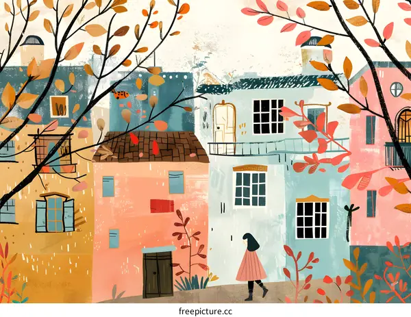 Autumn Illustration of Woman Walking Past Colorful Houses
