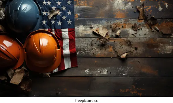 Patriotic American Labor Day Background with Hard Hats and American Flag