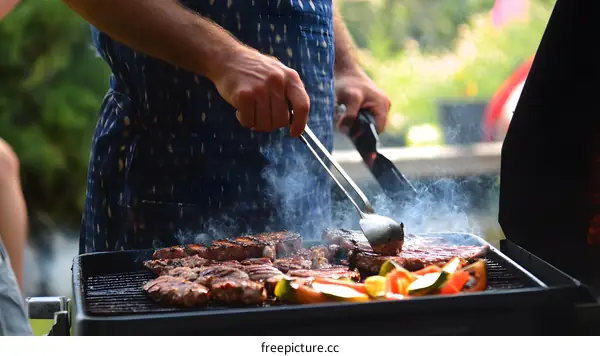 Man Grilling Food On Barbecue In The Backyard