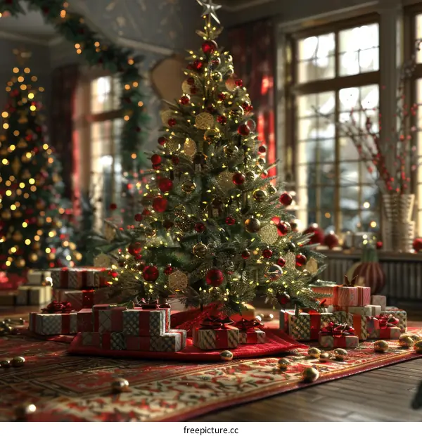 Christmas Tree in a Cozy Living Room with Presents Debuting