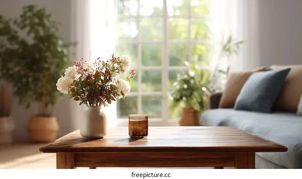 Cozy Living Room Tabletop Scene with Flowers
