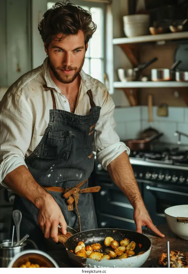 Bearded man cooking in the kitchen
