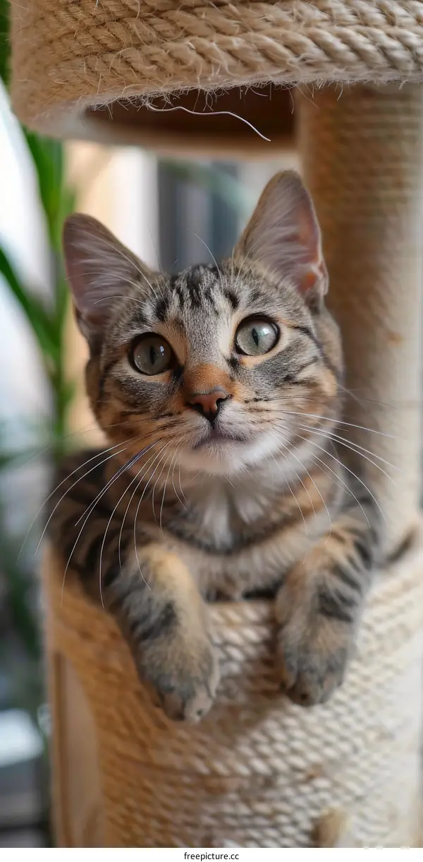 A cute tabby cat looking up