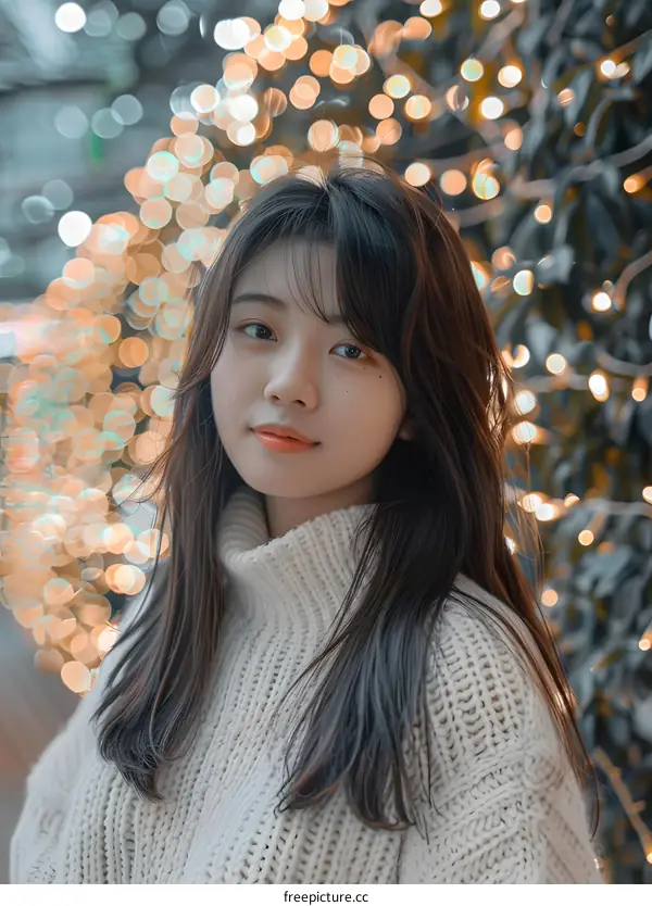 Portrait of a Young Woman with Bokeh Lights