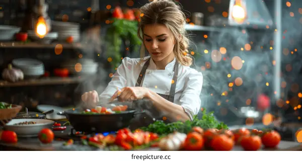 Young female chef is cooking vegetables in a frying pan