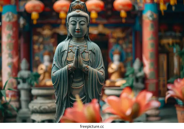 Statue of a Chinese deity with red lanterns in the background