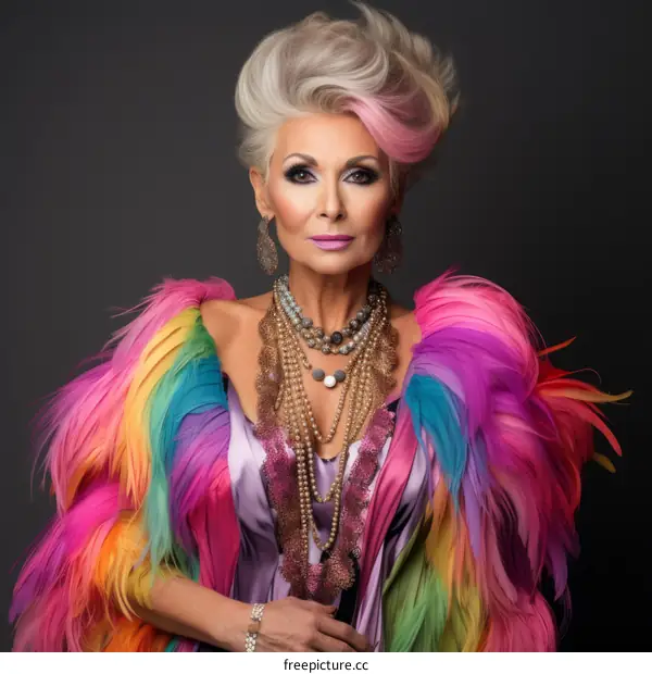 portrait of an older woman with colorful hair and makeup