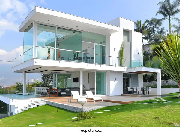 Modern Minimalist Home with Large Glass Windows and a Swimming Pool