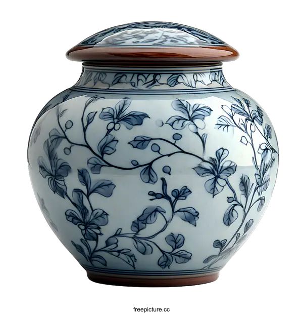 [Transparent Background PNG]Blue and White Porcelain Jar with Floral Design