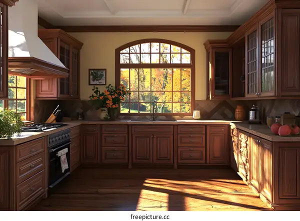 Kitchen Interior With Wooden Cabinets And Arched Window