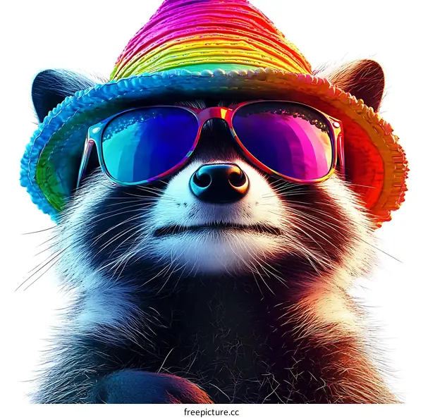 Cool Raccoon in a Rainbow Hat and Sunglasses