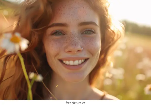 Close Up Portrait of a Beautiful Smiling Redhead Woman with Freckles