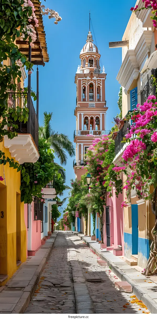 Buildings with colorful facades and flowers in a narrow street