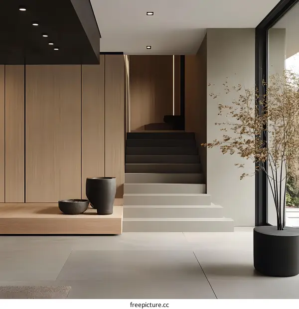 Modern Minimalist Home Interior Design with Wooden Walls and Stairs