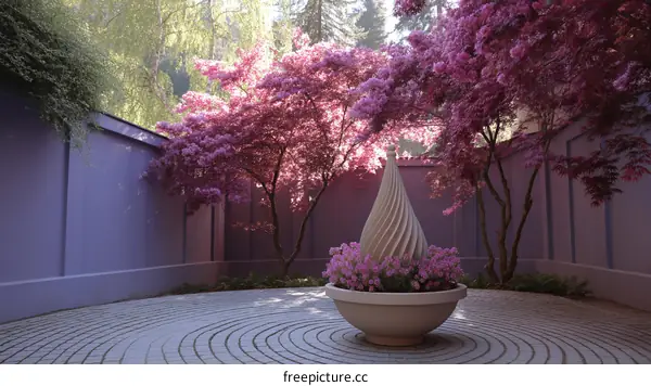 Purple Courtyard with Pink Blossoms and Artful Design