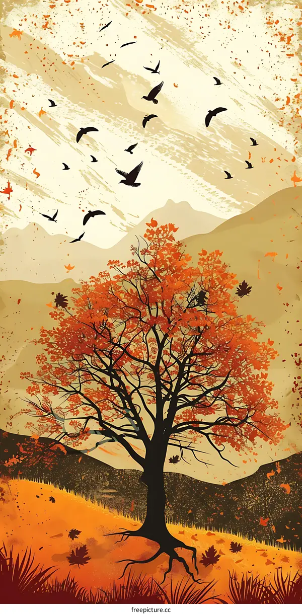 Autumn Tree Landscape Illustration With Birds Flying